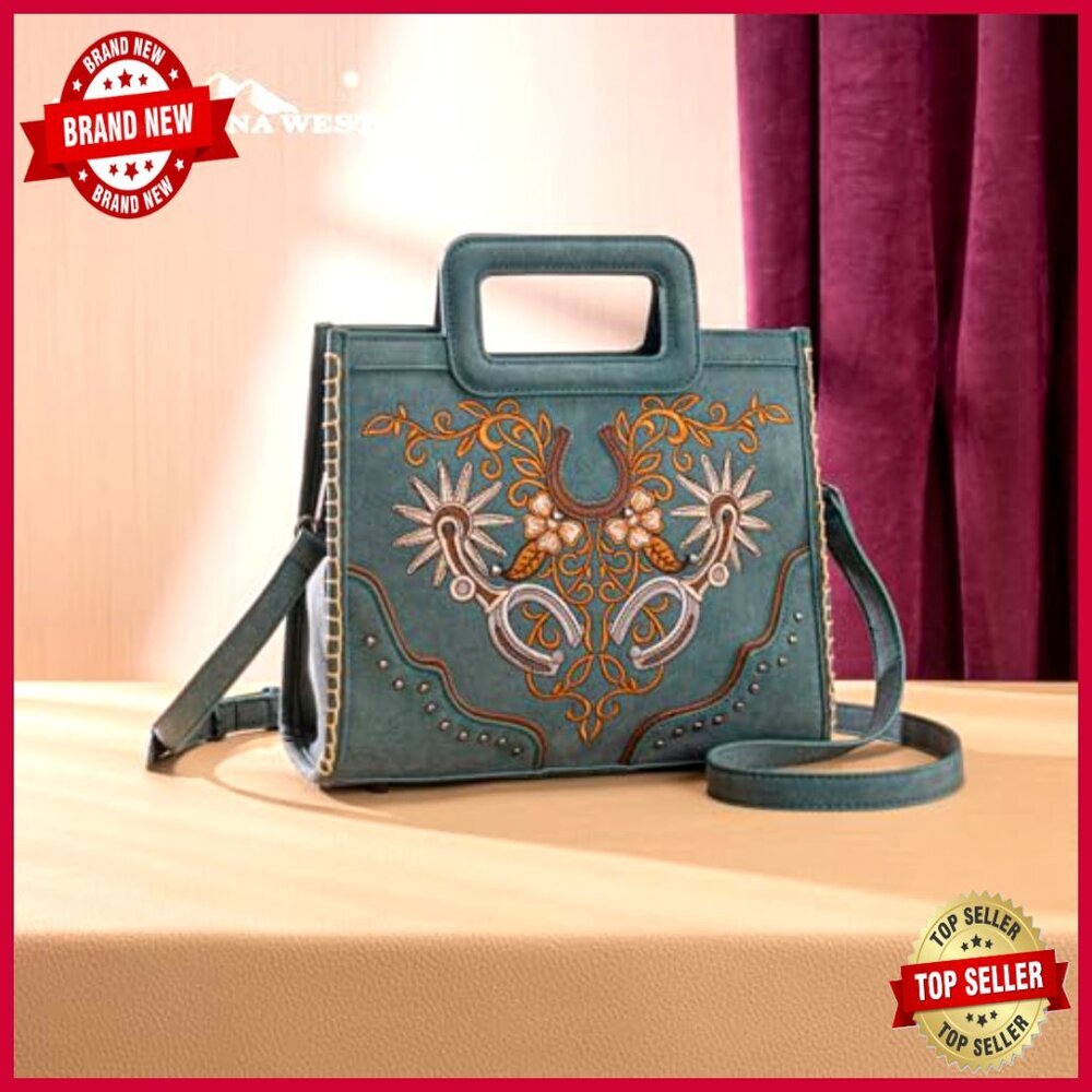 Western Embroidery Crossbody Purse with Top Handle, Vegan Leather, 11x8x4 Inches - Picture 4 of 7